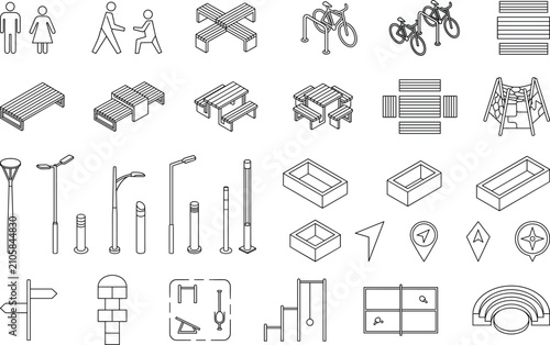 Urban Landscape Architecture Outline Icon Collection with Park Furniture and Public Space Vector Elements