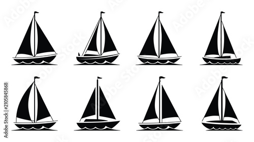 Φωτογραφία Sailboat silhouette icon set black ship boat yacht ocean vector sign