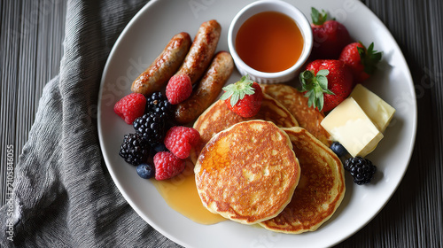 Flat Lay of Pancake Breakfast with Berries and Sausage