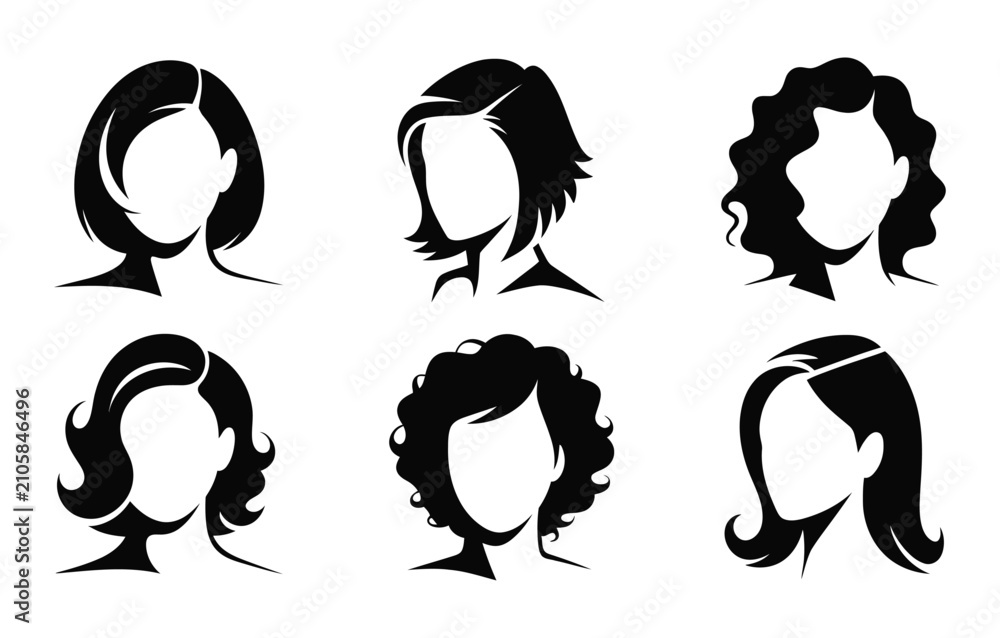 Fototapeta premium Woman hair silhouette avatar vector icon set female hairstyle profiles