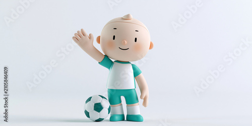 Cheerful cartoon boy waving while standing next to soccer ball  