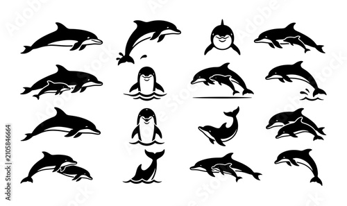 Obraz na płótnie Dolphin silhouette vector collection, black marine animal icons set, jumping sea