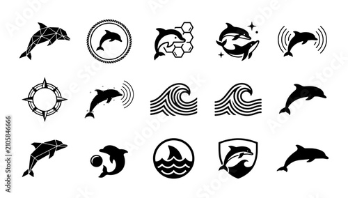 Canvastavla Dolphin icon set with 15 black vector silhouettes, minimalist marine animal logo