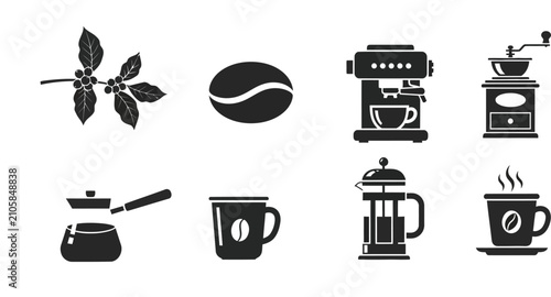 Foto Black and white icons depicting coffee beans brewing methods and served drinks