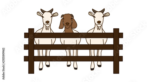 Fotografie Cartoon illustration of three cute goats standing behind a wooden fence with ill