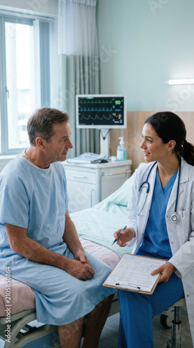 Doctor Discussing Patient Care While Holding Clipboard In Medical Room