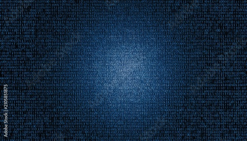 A dark blue digital backdrop, a dense matrix of glowing alphanumeric characters