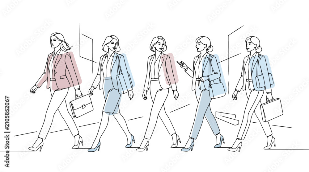 Fototapeta premium Corporate team walking through office minimalist continuous line vector