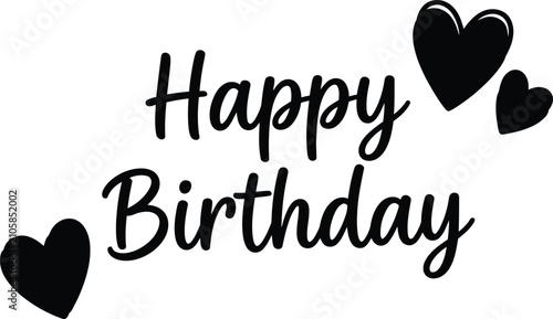 Fotografie Happy Birthday card design with elegant black hearts and cursive typography for