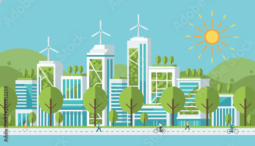 Eco friendly green city with wind turbines and skyscrapers covered in plants, promoting sustainable urban living.