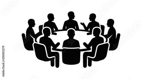 Group of people silhouettes seated around a circular table black on white