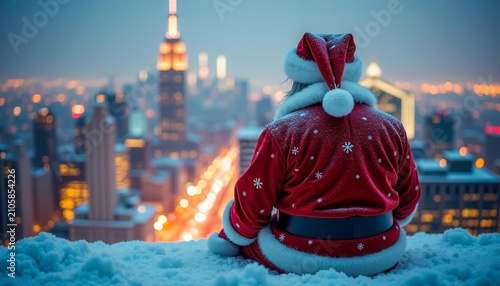 A man in a Santa Claus costume sits on snow, overlooking a city skyline at dusk. The Empire State Building is visible in the background, illuminated.