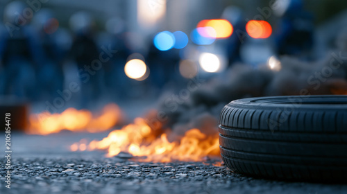 Street scene with burning tires sending thick black smoke into the air, defocused crowd and law enforcement in the background, civil unrest concept, with copy space