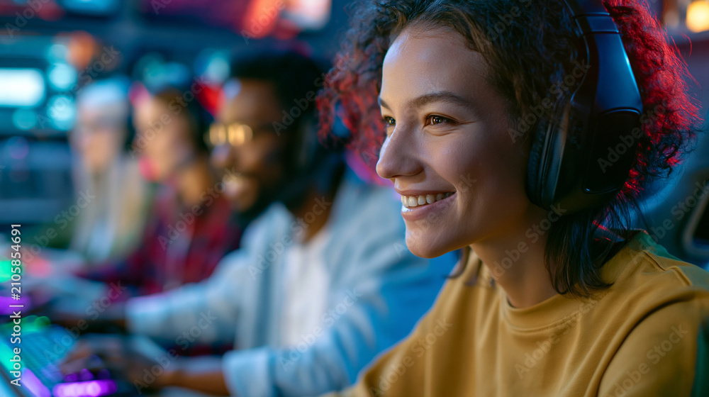 Fototapeta premium Group of friends in neon-colored outfits playing an immersive video game together, futuristic gaming setup, esports party, vibrant lighting, with copy space