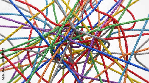 A chaotic yet vibrant tangle of colorful ropes, representing complexity, interconnectedness, and problem-solving.