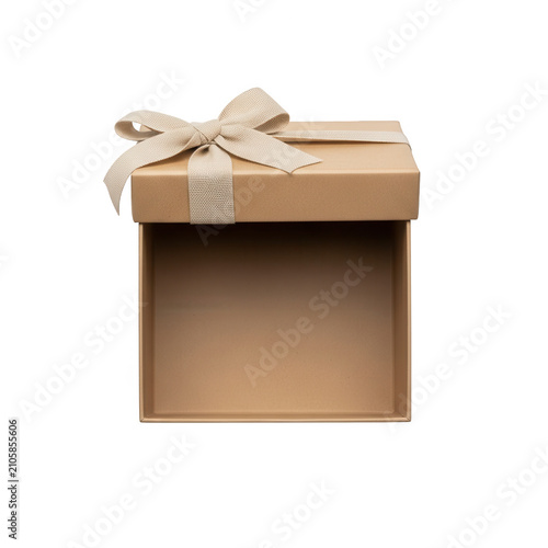 A brown cardboard gift box with a ribbon on top