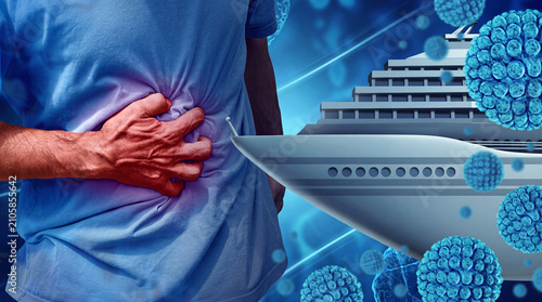 Man clutching his stomach in pain, with a cruise ship and viruses in the background, symbolizing illness on vacation.