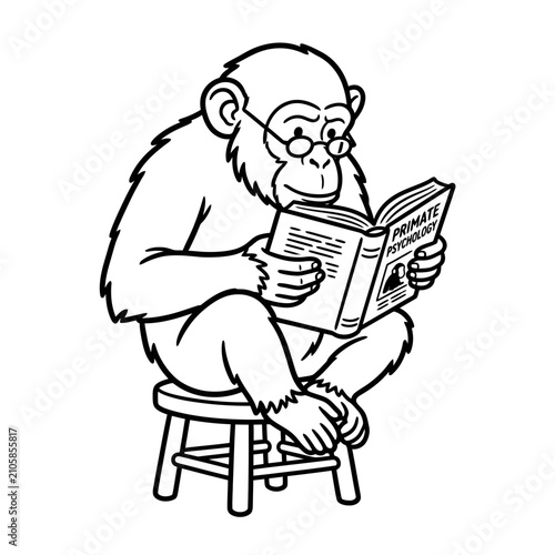Monkey in glasses reading book illustration.