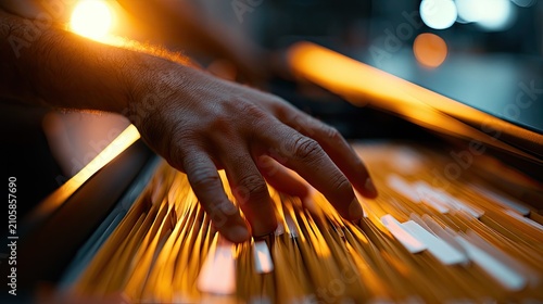 Hand sorting through glowing, amber-lit files in a dark archive