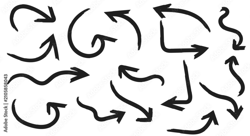 Fototapeta premium Arrow set with dynamic brush strokes and curved movement direction icons for creative design, navigation concept, and infographic flow visualization.