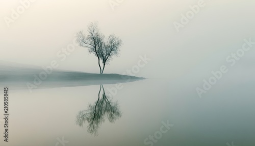 Solitary tree in mist, reflected in calm, still water