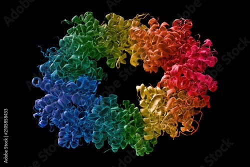 Colorful helical molecular structure forming a ring against a black background
