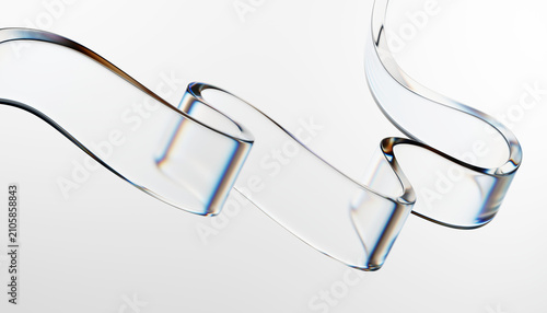 3D Render of Abstract Clear Glass Wavy Ribbon White Background