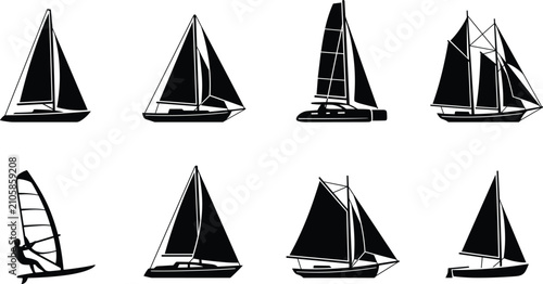 Fotografie Collection of vector black silhouette sailboat and yacht icons for marine naviga