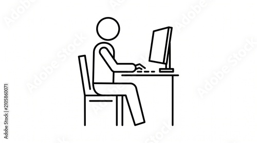 Simple black-and-white line drawing of a person sitting at a desk using a computer.