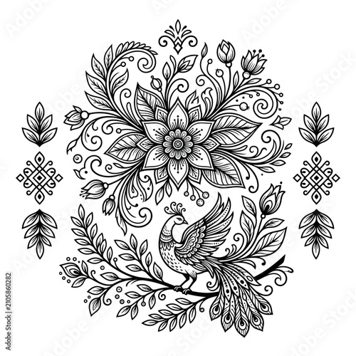 Ornate floral mandala with peacock bird line art.