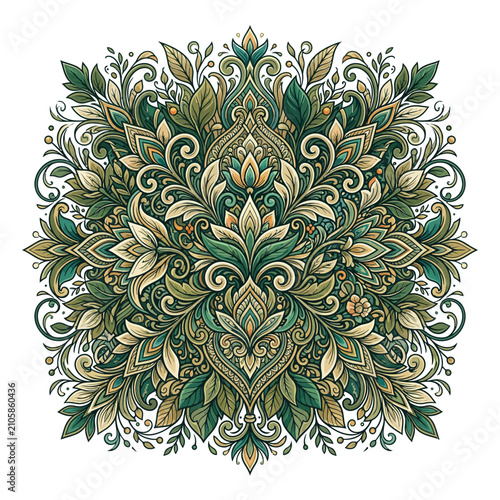 Ornate floral mandala with green and gold leaves.