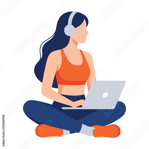Woman wearing headphones sitting cross-legged with laptop on floor at home indoors