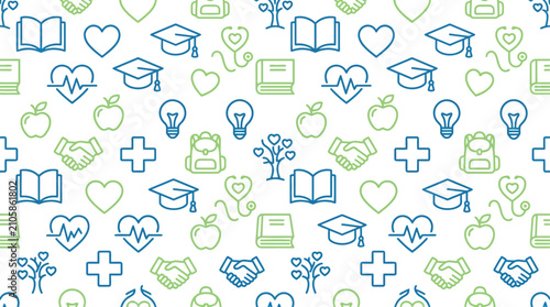 Seamless Minimalist Line Art Pattern with Education Health and Science Outline Icons