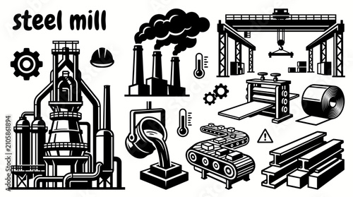 steel manufacturing facilities featuring blast furnaces rolling mills cranes smokestacks molten metal conveyors and industrial production equipment vector set for engineering metallurgy and factory