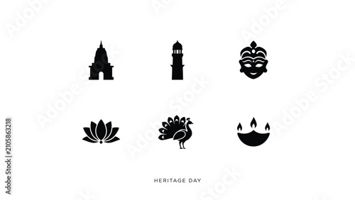 Photos Minimalist black heritage symbols set featuring temple tower watchtower mask lot