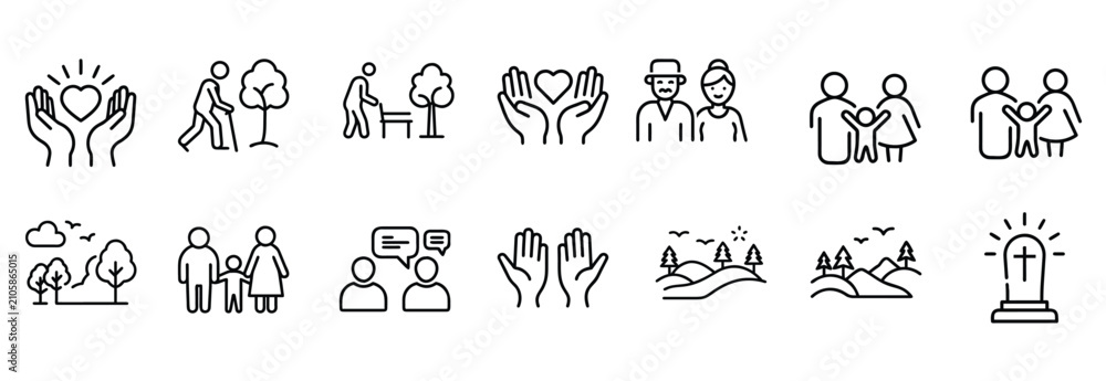Fototapeta premium Care line icons set with family, love, elderly, couple, support, help, hands, children, senior, parents, community, human, health & more vector illustration with editable stroke.