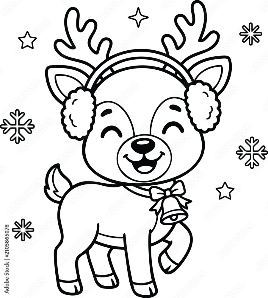 Obraz premium Cute cartoon baby reindeer wearing white earmuffs, surrounded by falling snowflakes cartoon reindeer