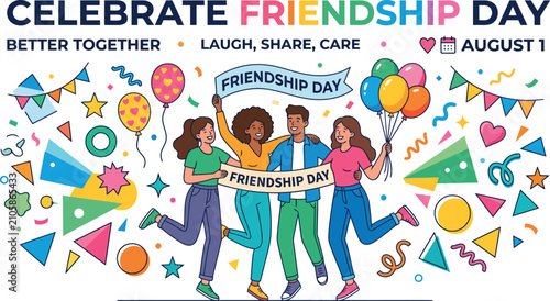 Fotografía Vibrant vector illustration featuring a diverse group of happy friends celebrati
