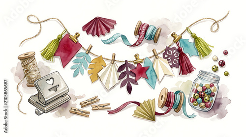 Watercolor craft supplies with decorative garland, tassels, wooden spools, and metal hole puncher
