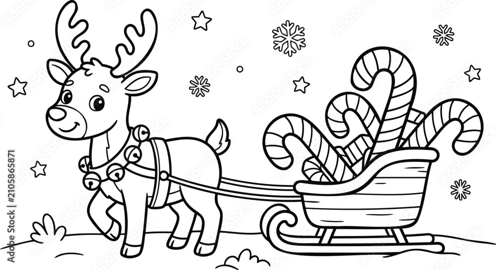 Naklejka premium Two reindeer pulling a candy cane striped sleigh with a sack of gifts, christmas scene santa's reindeer