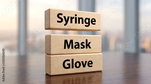 Wooden blocks spelling syringe, mask, glove on blue background