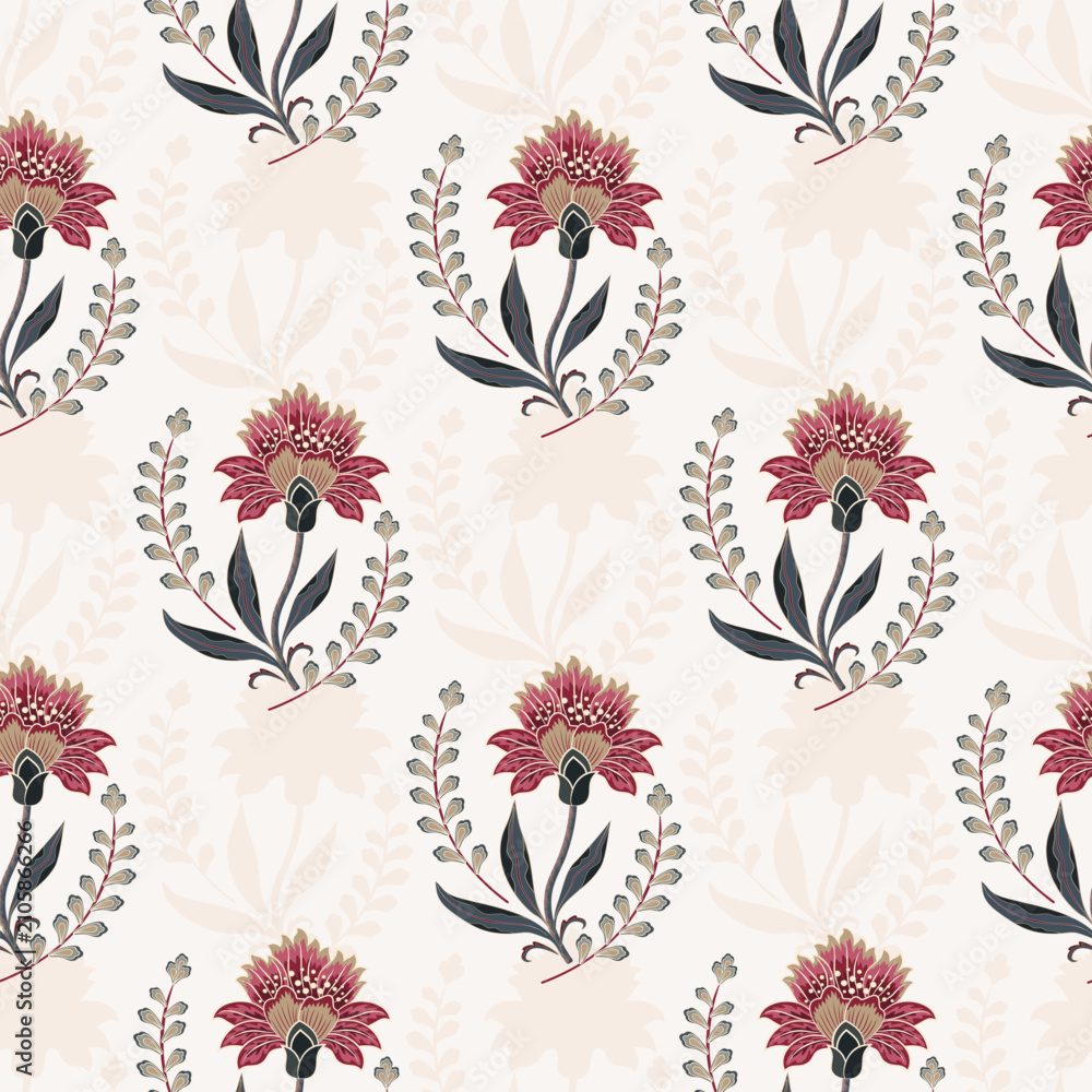 Fototapeta premium Vector Hand drawn colourful geometric flowers Motifs African boho paisley, seamless patterns with floral for fabric Ethnic Indian Pattern, textiles, clothing, wrapping paper, backdrop, banner.