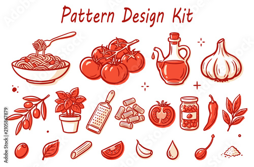 Set of Italian Food Ingredients and Pasta Vector Illustrations in Red Outline Style