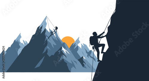 Foto Mountain climbers silhouetted against a scenic landscape silhouette