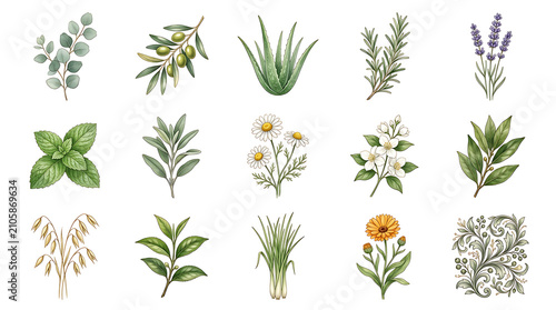 Watercolor botanical skincare herbs. Organic plant elements for natural cosmetic design.