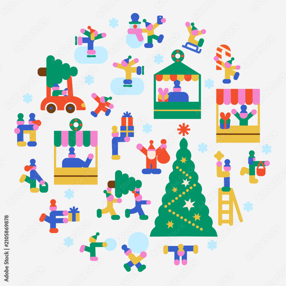 Fototapeta premium Naive flat Christmas market composition with a decorated tree, festive stalls, winter characters, gifts, skating, sledding and snow activities isolated on white