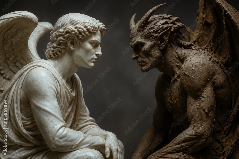 Obraz premium An angel and a demon sit across from each other. The angel has white wings and smooth features while the demon has sharp horns and a muscular body. This scene captures a defining moment.