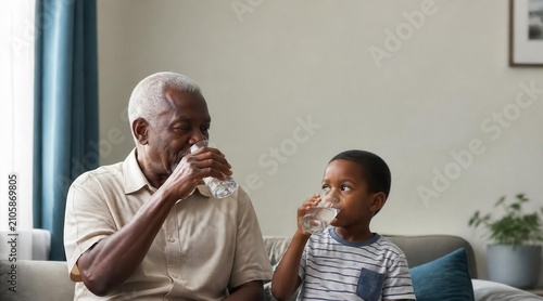 African american grandfather and grandson drinking water together