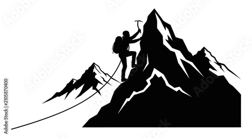 Fotografie Mountaineer Climbing A Rocky Peak Black Silhouette