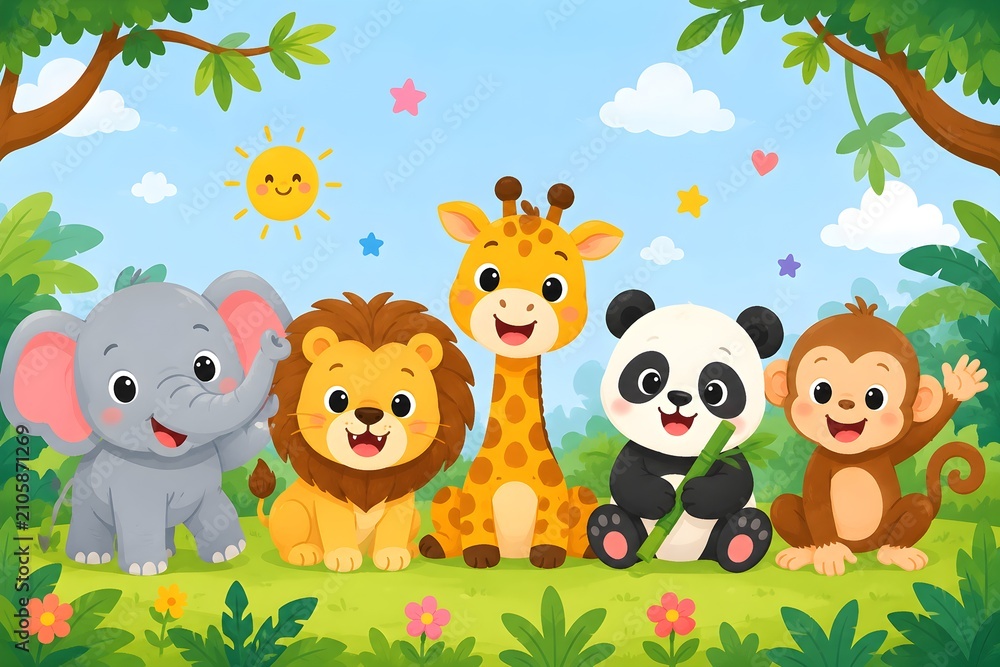 Fototapeta premium cute vector illustration of happy wild jungle safari animals background for kids